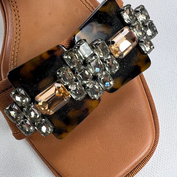 Tory Burch Delaney Embellished Sandal Camel Brown Tortoise Crystal Size 7.5M - Picture 10 of 11